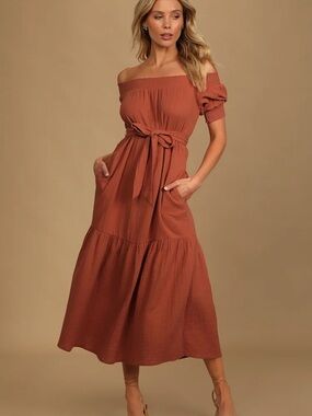 Lulu's Off-Shoulder Tie-Waist Midi Dress in Rust Size S